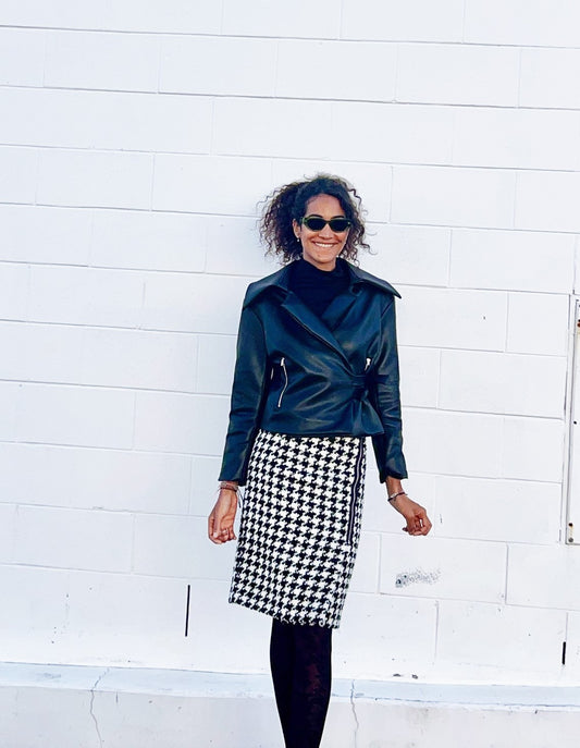 Chrystal Sloane Couture Black & Cream Herringbone Wrap over zip front skirt