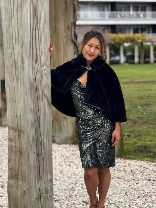 Chrystal Sloane Couture Black Imitation Fur Cape with Clasp at Front.
