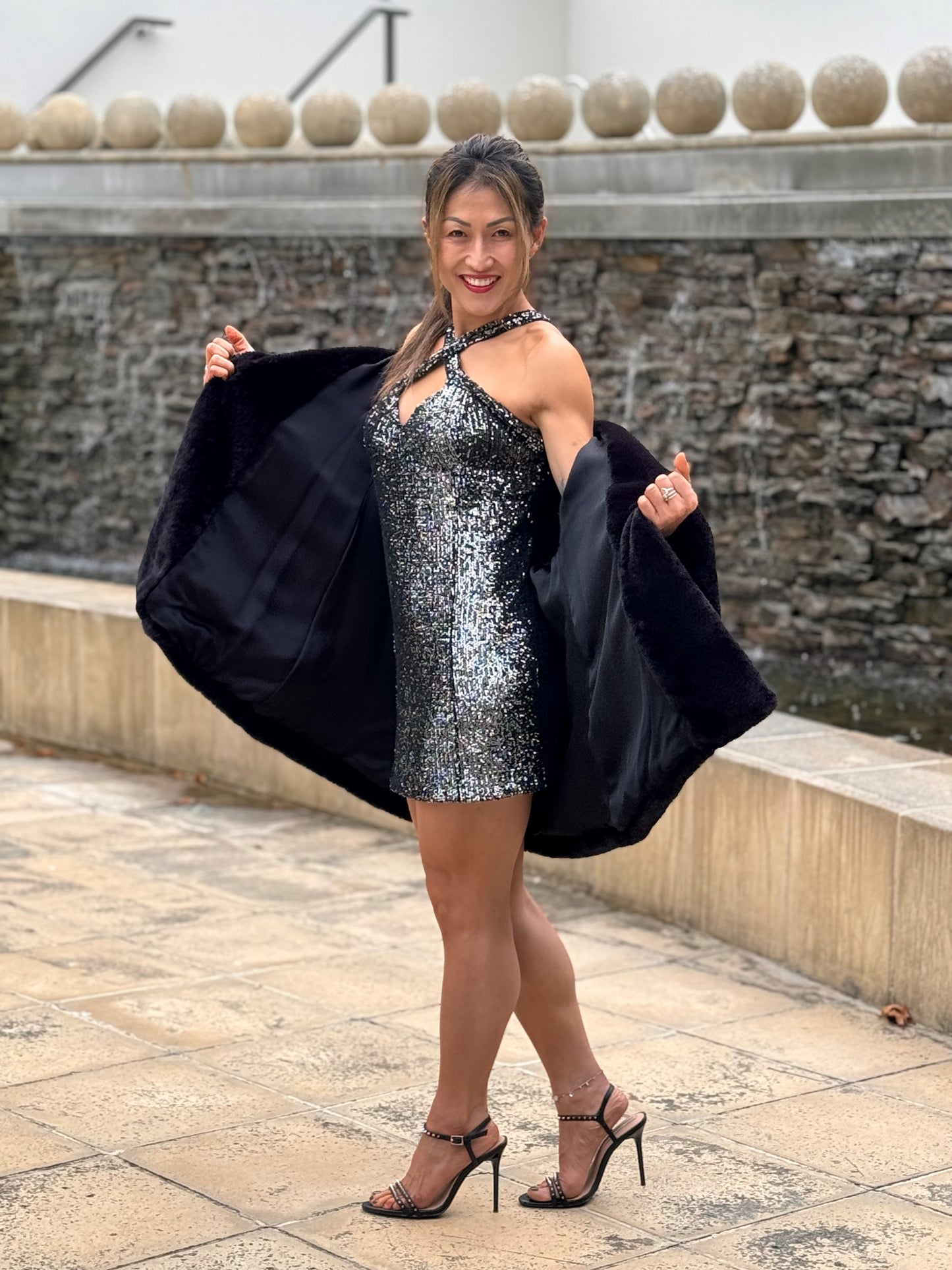 Chrystal Sloane Couture Autumn Black & Pewter Sequin Stretch Cocktail Dress