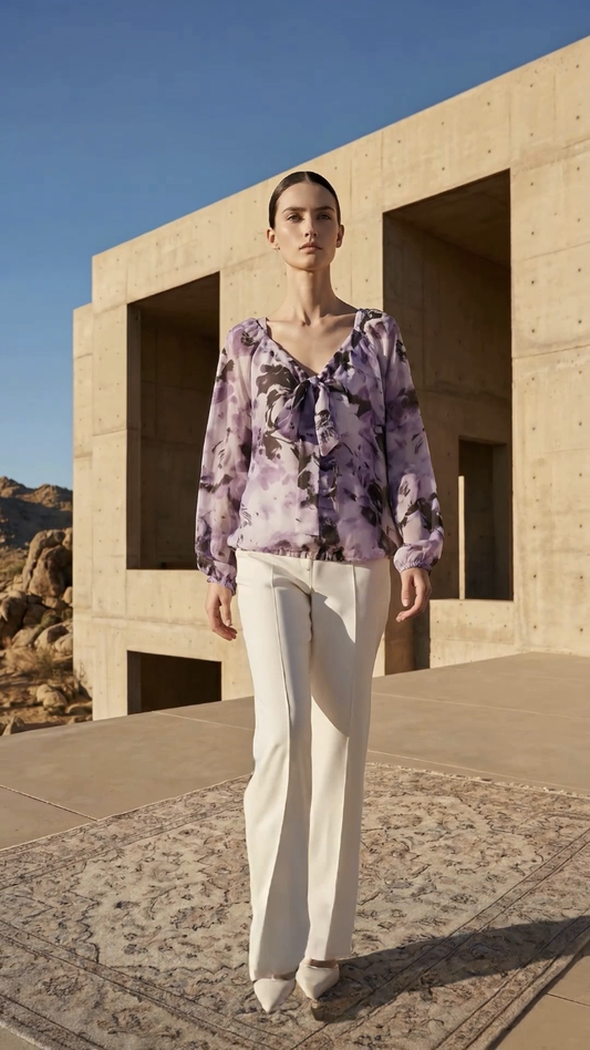 Chrystal Sloane New Season Lilac & Purple Silk Floral Drawstring V Neck Blouse