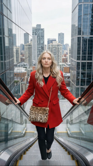 Chrystal Sloane Couture Winter Cardinal Red Wool Double Breasted Coat with Leopard Print Faux Fur Collar