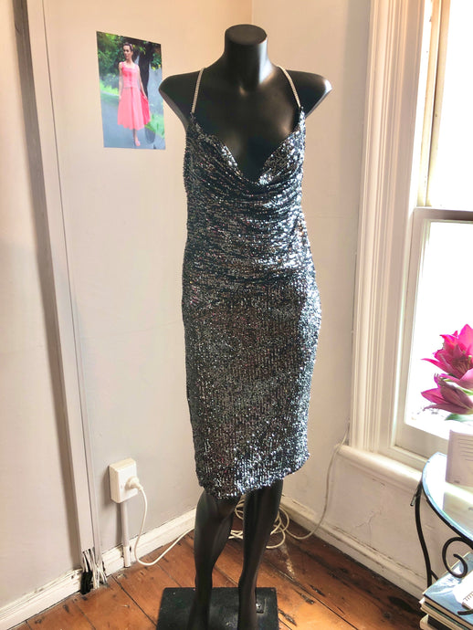 Chrystal Sloane Couture Black & Pewter Sequin Stretch Drape Neck Cocktail Dress
