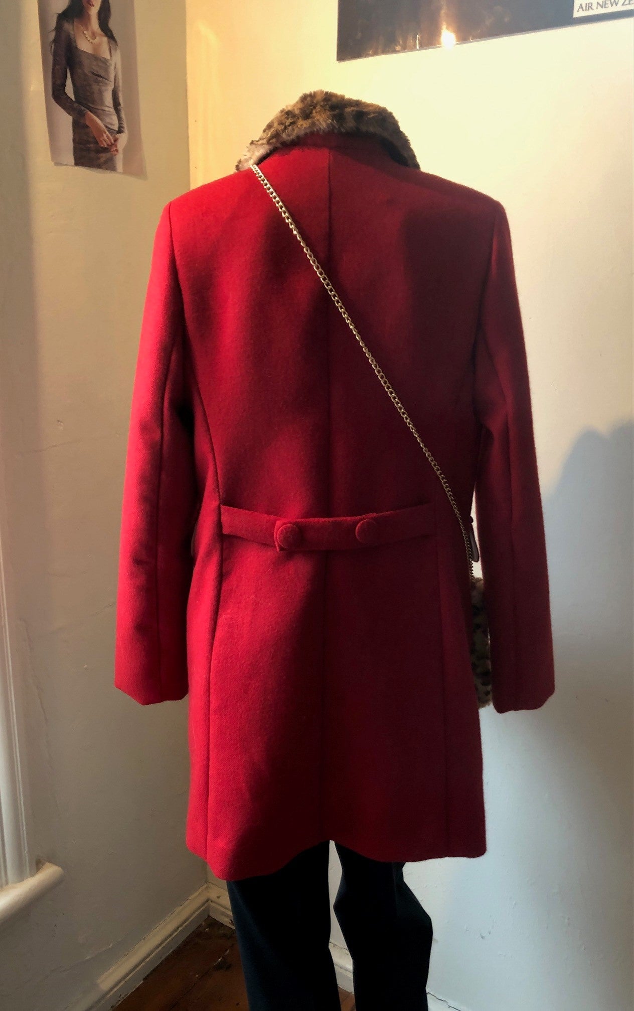 Chrystal Sloane Couture Winter Cardinal Red Wool Double Breasted Coat with Leopard Print Faux Fur Collar
