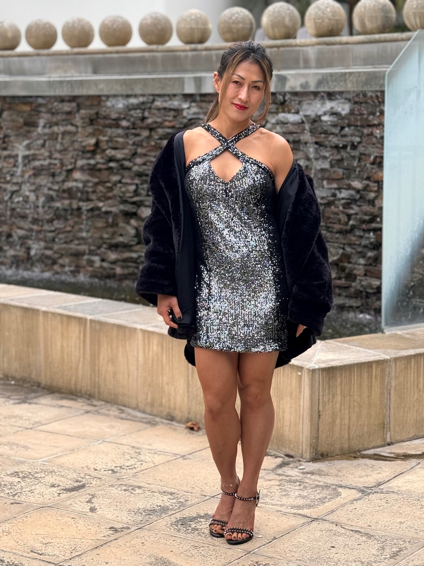 Chrystal Sloane Couture Autumn Black & Pewter Sequin Stretch Cocktail Dress