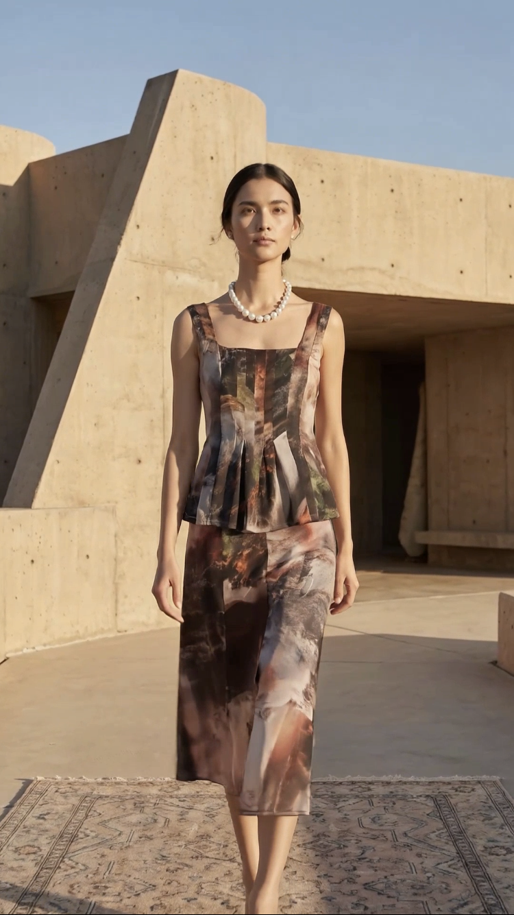 Chrystal Sloane Couture 2027 Watercolour Print soft pleated top with side zip.