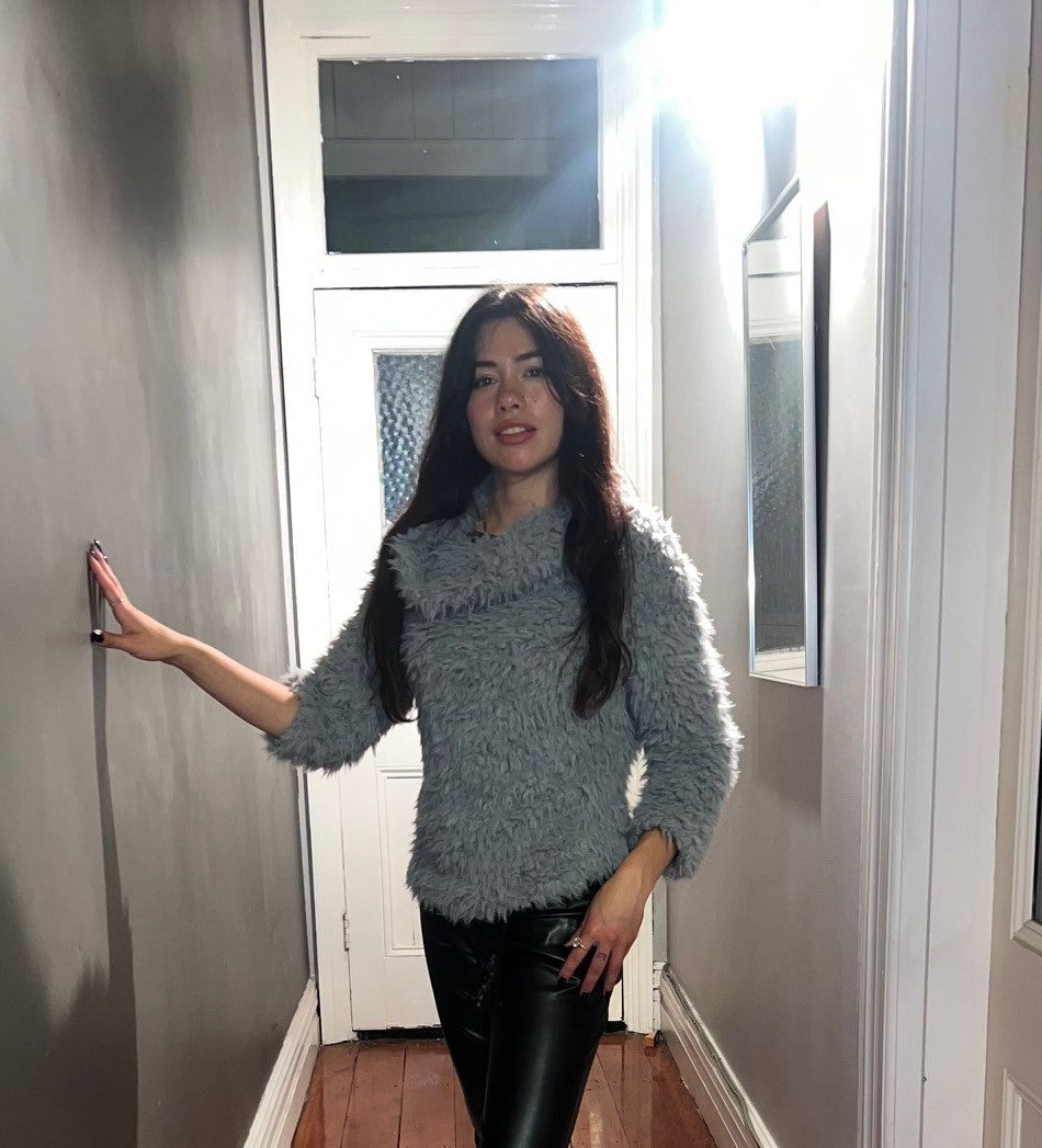 Chrystal Sloane Couture Autumn Silver Faux Fur off the shoulder jumper