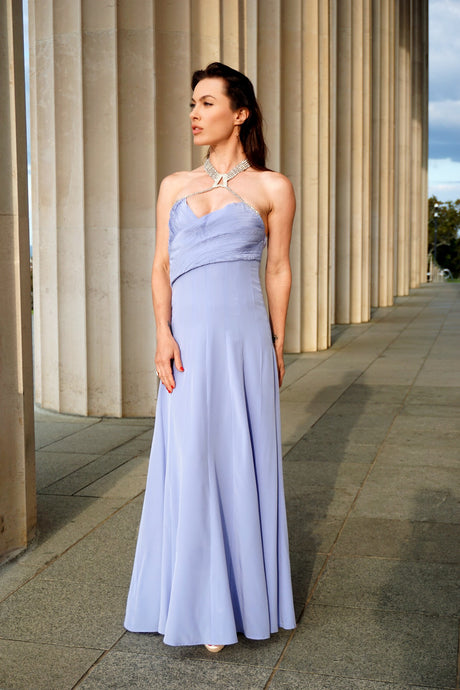 Chrystal Sloane Couture Wisteria Blue Silk De Chine Evening Gown with Fine Pin-tucked Bodice
