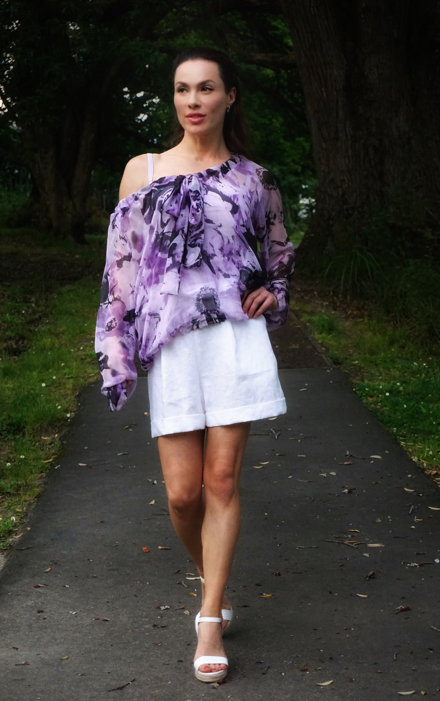 Chrystal Sloane New Season Lilac & Purple Silk Floral Drawstring V Neck Blouse