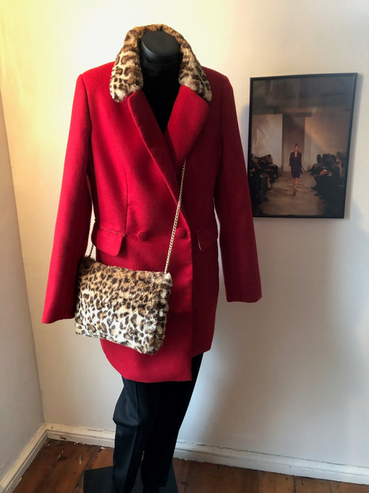 Chrystal Sloane Couture Winter Cardinal Red Wool Double Breasted Coat with Leopard Print Faux Fur Collar