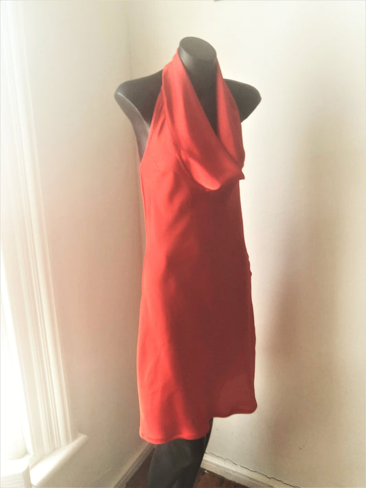 Chrystal Sloane Spanish Red Silky Satin Bias Cut Halter Neck Dress