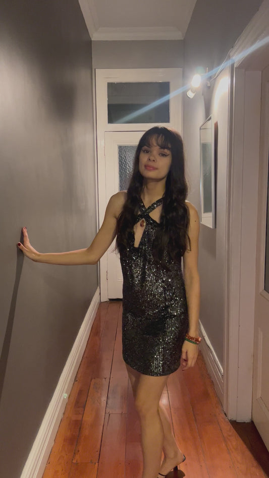 Chrystal Sloane Couture Autumn Black & Pewter Sequin Stretch Cocktail Dress