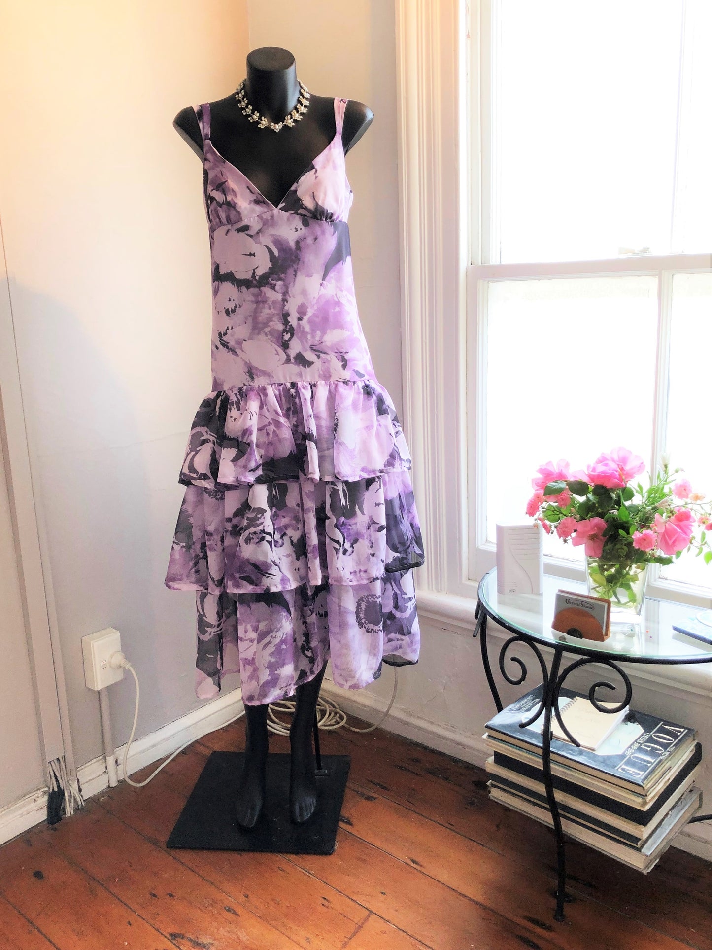 Chrystal Sloane Lilac and Purple Silk Floral 3 tier sundress.