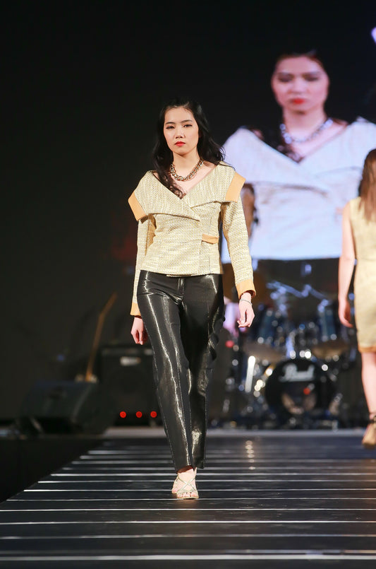 Chrystal Sloane Gold & Cream Lurex Blend Wrap-Over Jacket with Soft Tan Leather Trim.