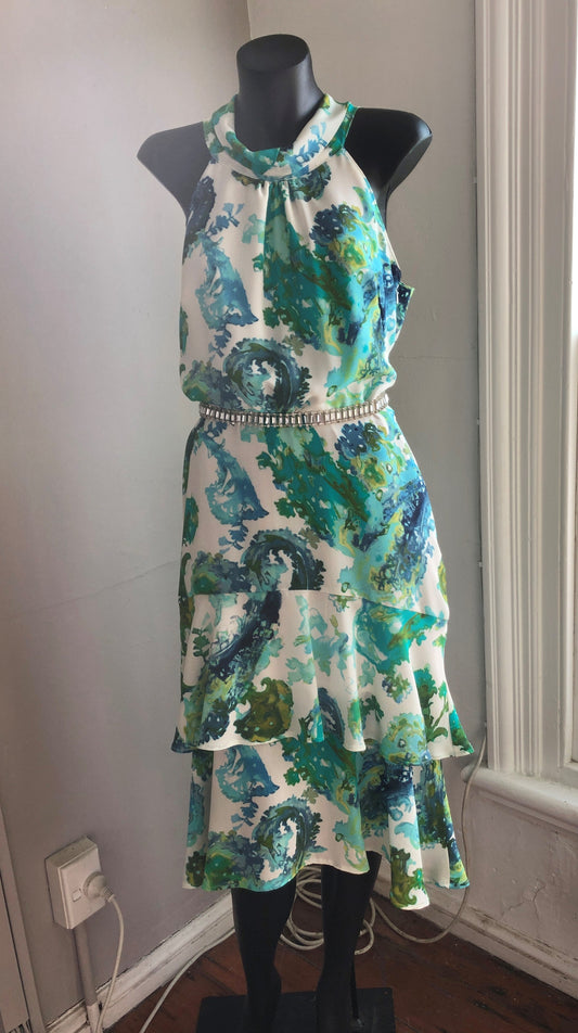 Chrystal Sloane Spring Aqua/Jade Silk De Chine Floral Dress with Roll Collar.