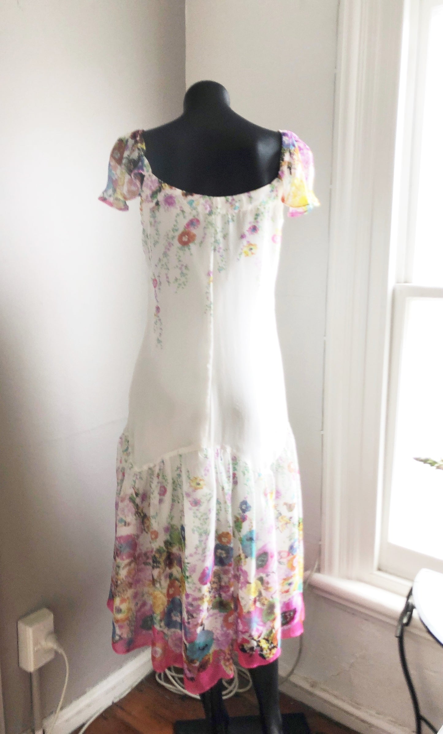 Chrystal Sloane Deep Fuchsia Pink Border Silk Dress with Butterfly Sleeves.