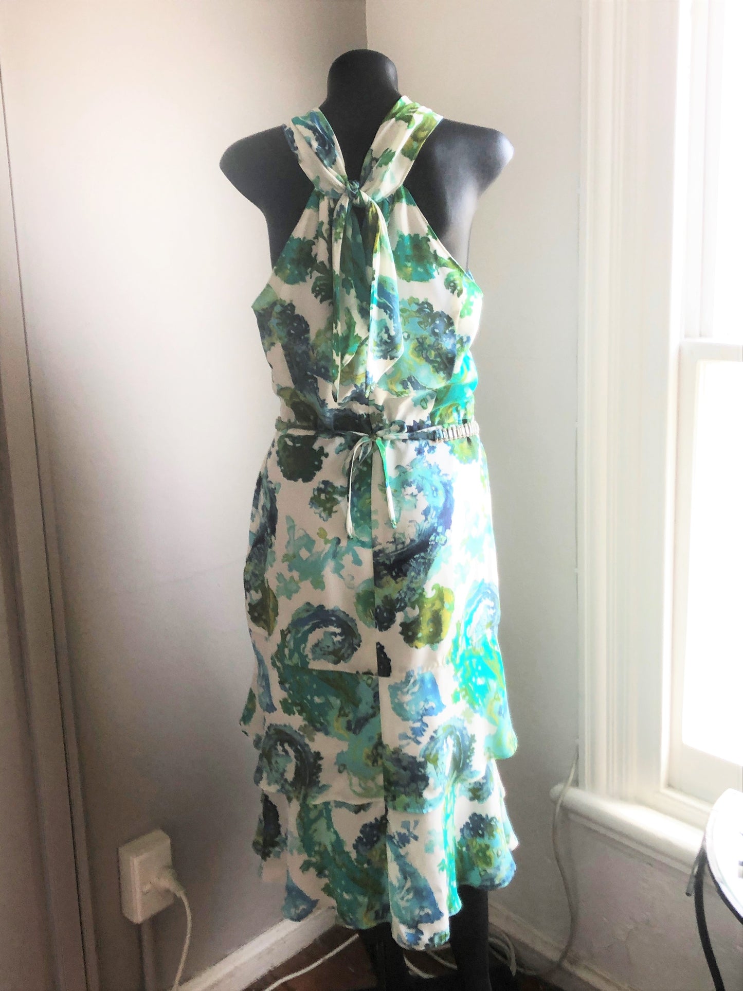 Chrystal Sloane Spring Aqua/Jade Silk De Chine Floral Dress with Roll Collar.