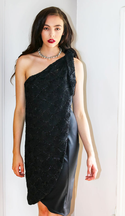 Chrystal Sloane Winter Black Wool One Shoulder Cocktail Dress.