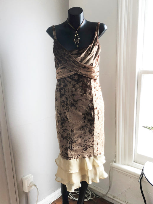 Chrystal Sloane Bronze Velvet Stretch Cocktail Dress with 2 tier flounces 2023.