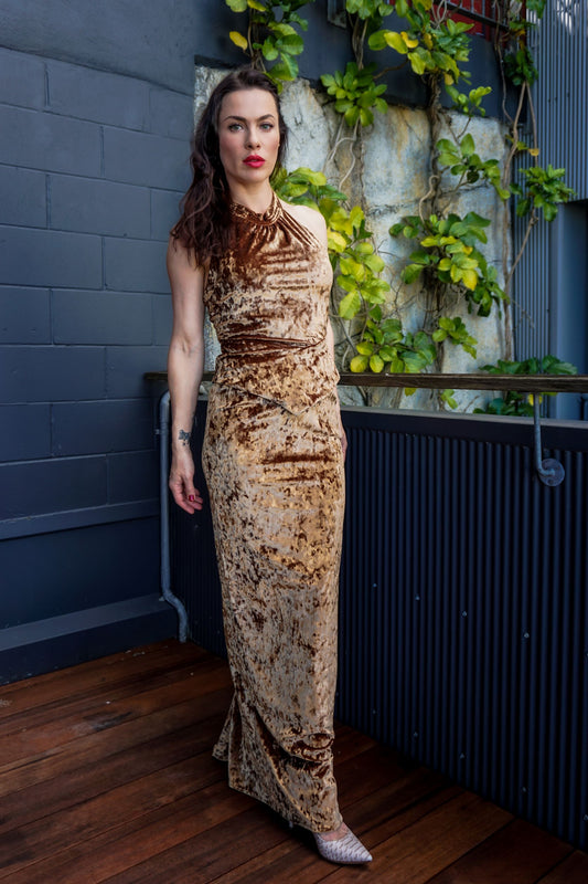 Chrystal Sloane Couture Bronze Velvet Stretch Halter Neck Evening  Set.