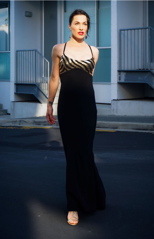 Chrystal Sloane Couture Gold and Black Sequined Evening Gown.