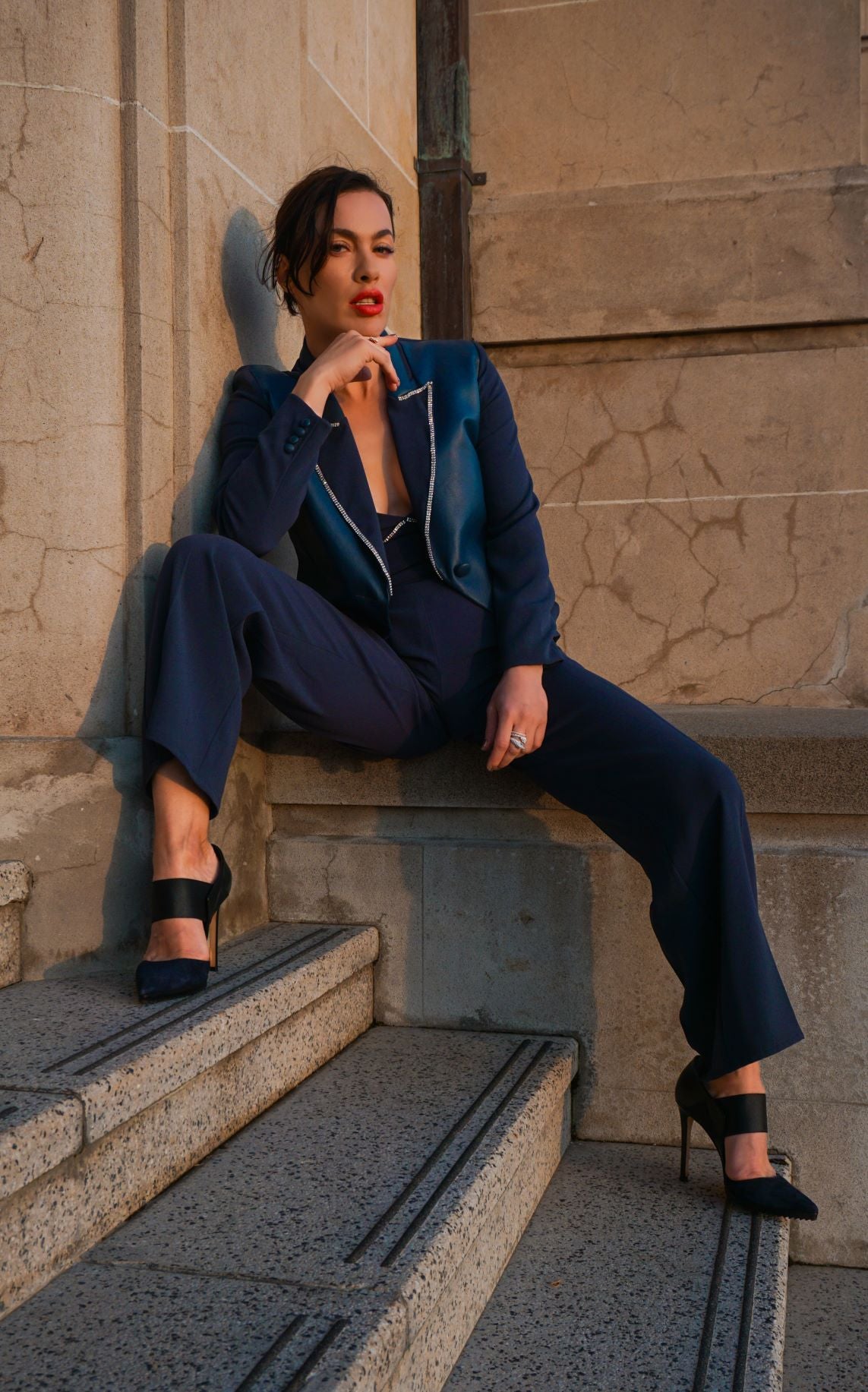 Chrystal Sloane Couture Petrol Blue Soft Leather Tuxedo Jacket and Jumpsuit.