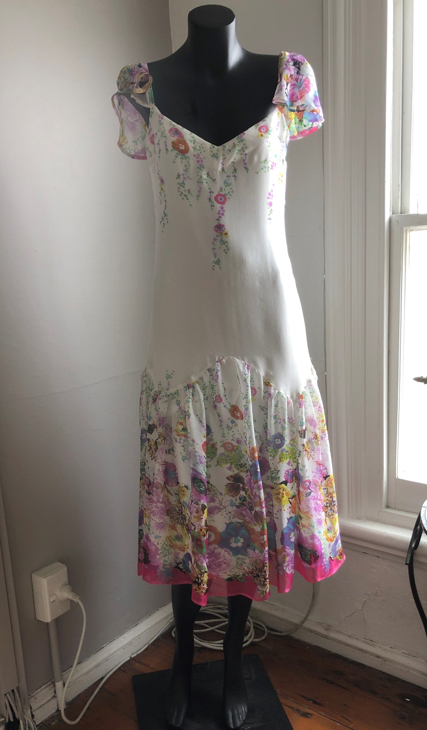 Chrystal Sloane Deep Fuchsia Pink Border Silk Dress with Butterfly Sleeves.