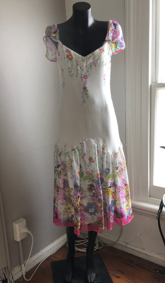 Chrystal Sloane Deep Fuchsia Pink Border Silk Dress with Butterfly Sleeves.