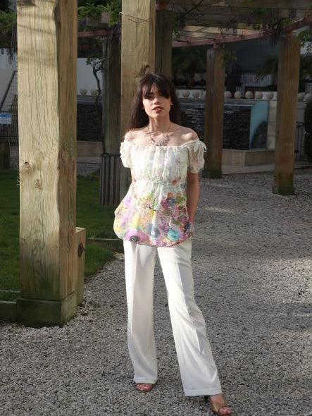 Chrystal Sloane Cream Tissue Silk Off the Shoulder Top with Deep Fuchsia Pink Border.