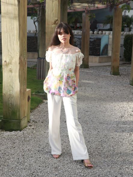 Chrystal Sloane Cream Tissue Silk Off the Shoulder Top with Deep Fuchsia Pink Border.