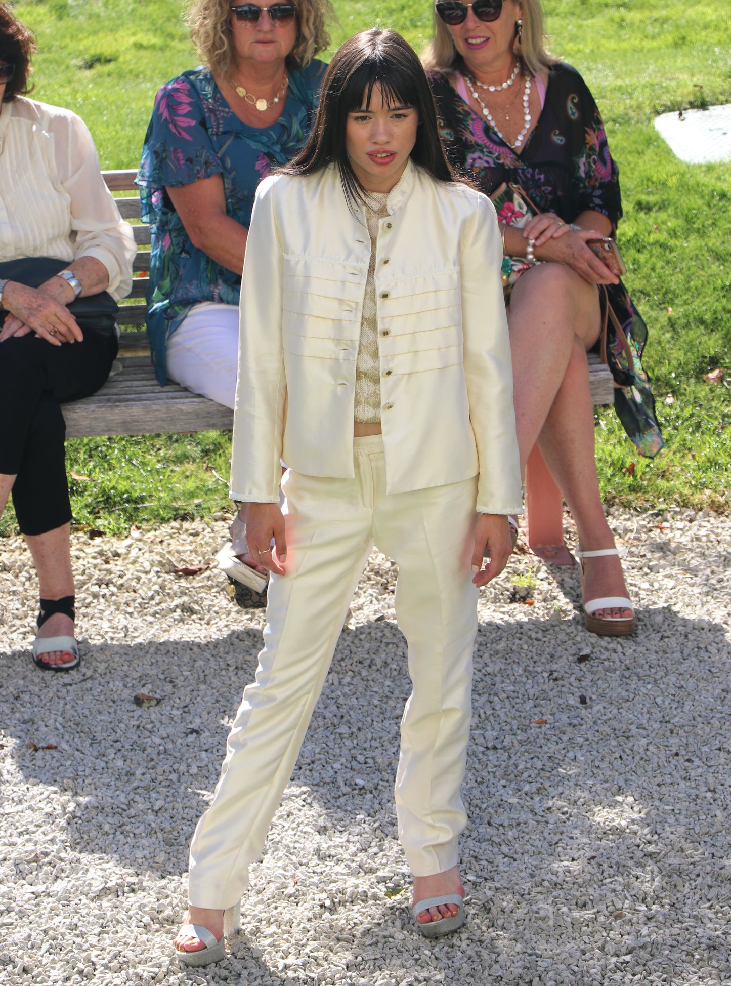 Chrystal Sloane Cream Silk Blend Suit with Gold & Cream Lurex Knit Top.