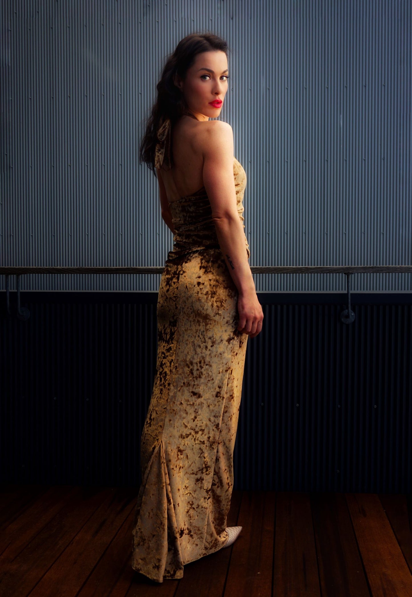 Chrystal Sloane Couture Bronze Velvet Stretch Halter Neck Evening  Set.