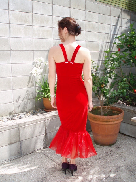 Chrystal Sloane Red Velvet Stretch Evening Gown with Organza Ruffle Hem.