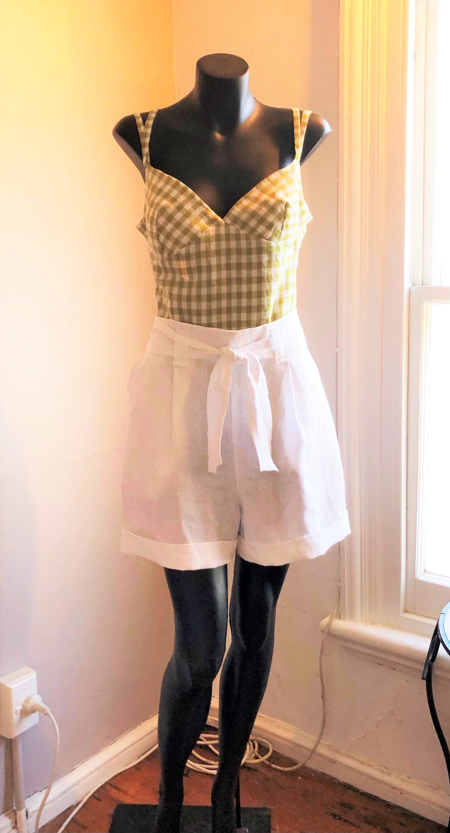Chrystal Sloane Sage Green and Cream Linen bias cut camisole with crossover straps.