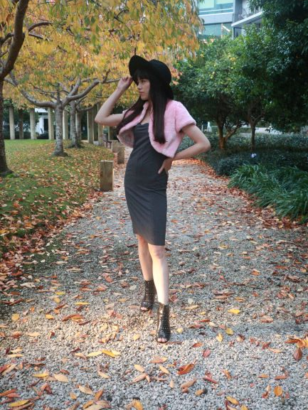 Chrystal Sloane Winter Italian Slate Grey Wool Paneled Dress with Fishtail Detail at the back.