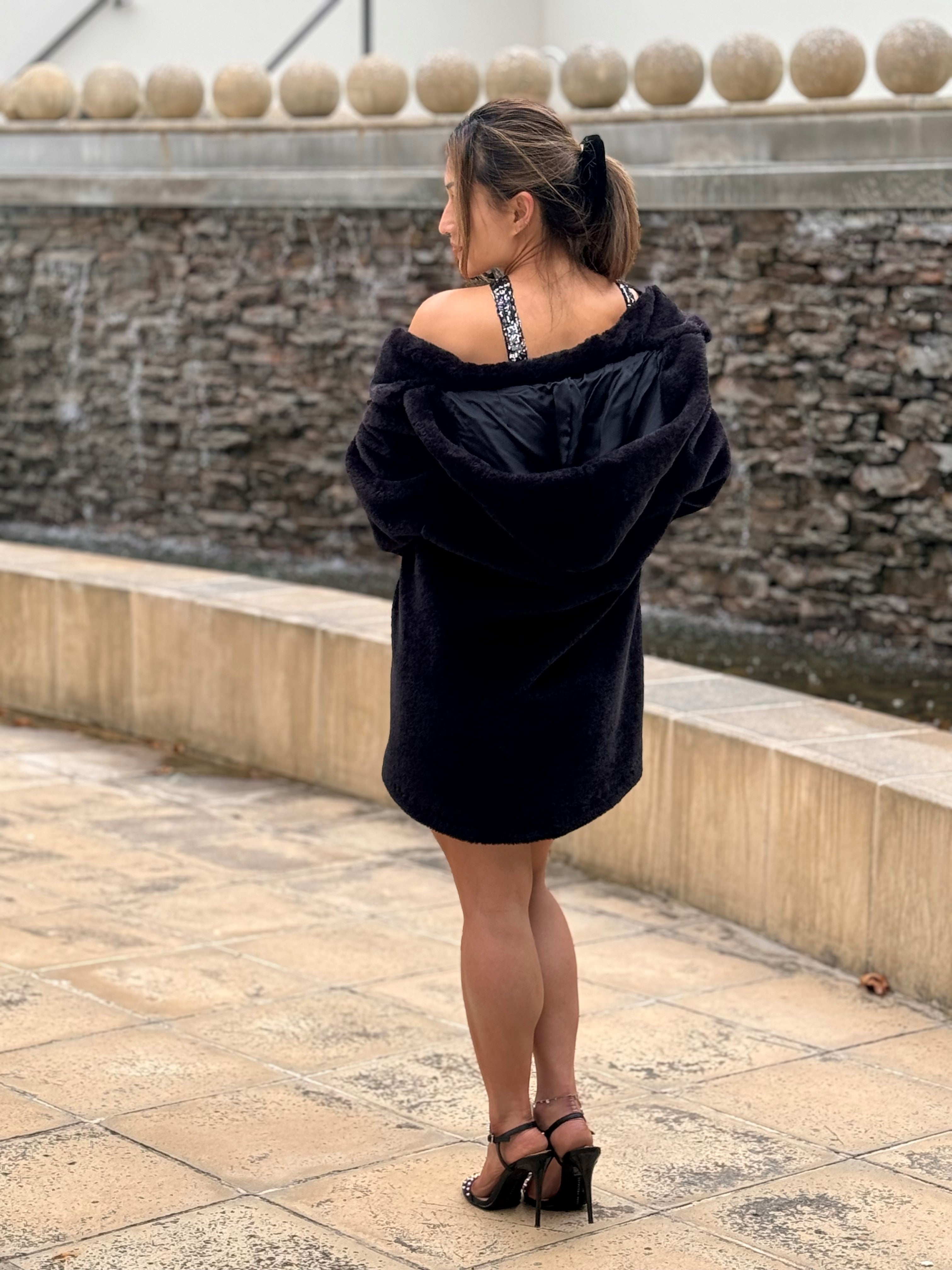 Chrystal Sloane Couture Black 3 4 Length Faux Fur Swing Coat with Hood
