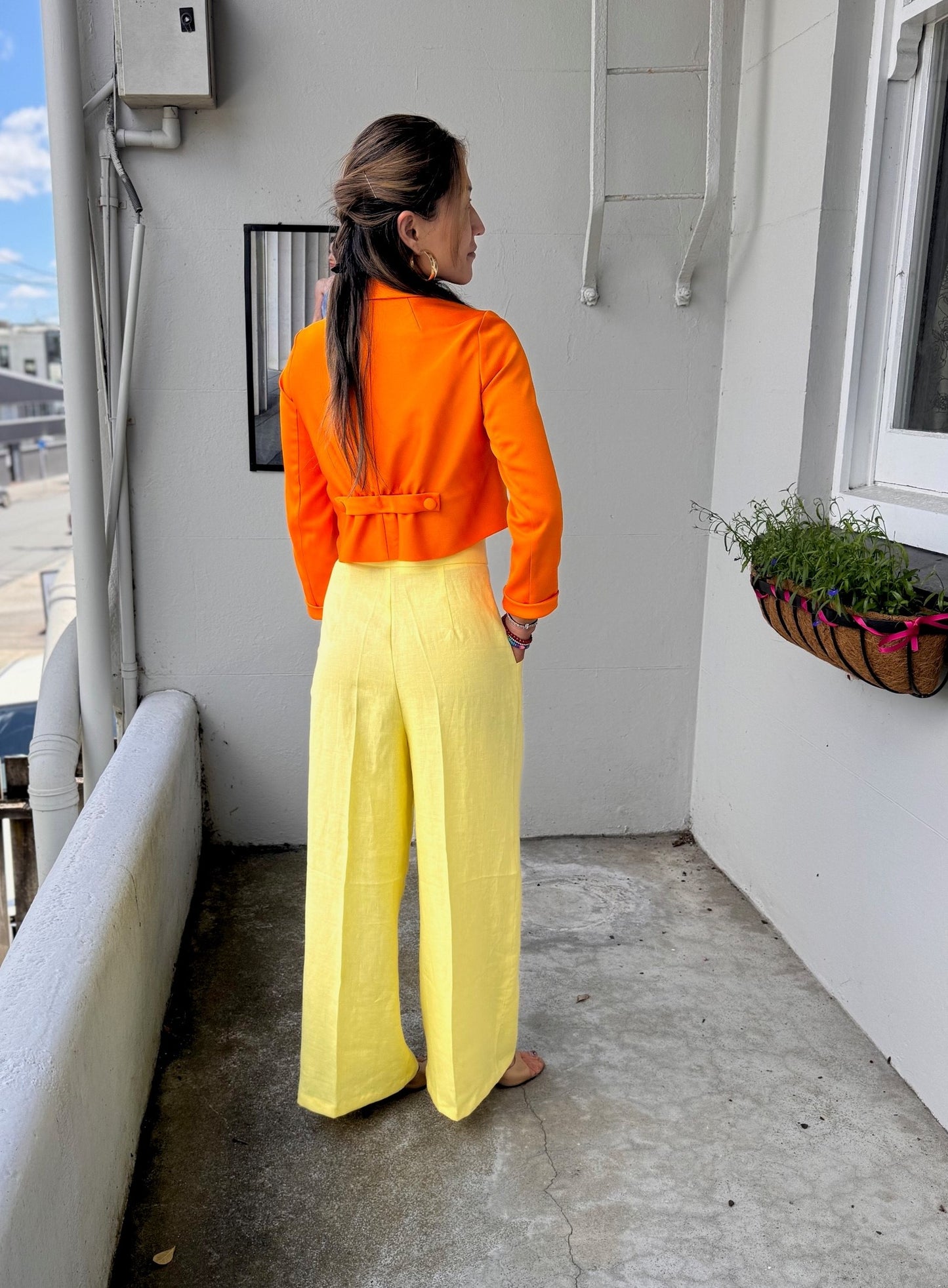 ALL NEW SEASON ORANGE SATIN CREPE DOUBLE BREASTED JACKET WITH BACK PEPLUM