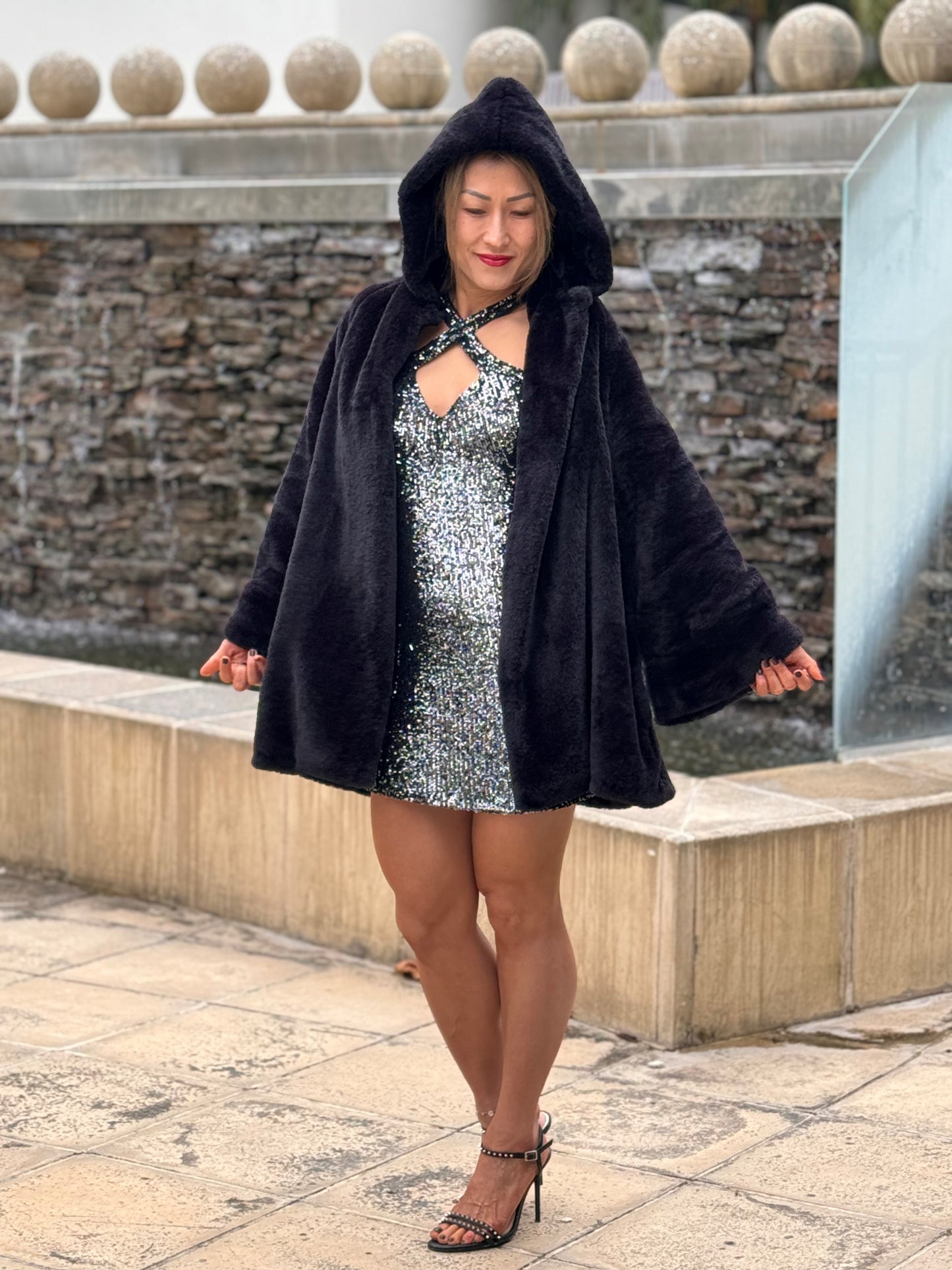 Chrystal Sloane Couture Black 3/4 Length Faux Fur Swing Coat with Hood.