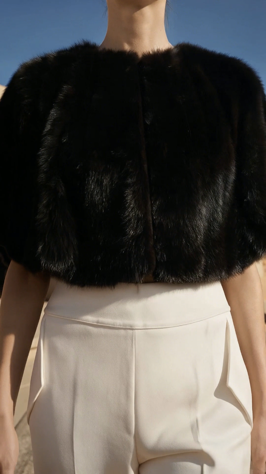 Chrystal Sloane Couture Sleek Black Faux Fur semi circle cascading cape