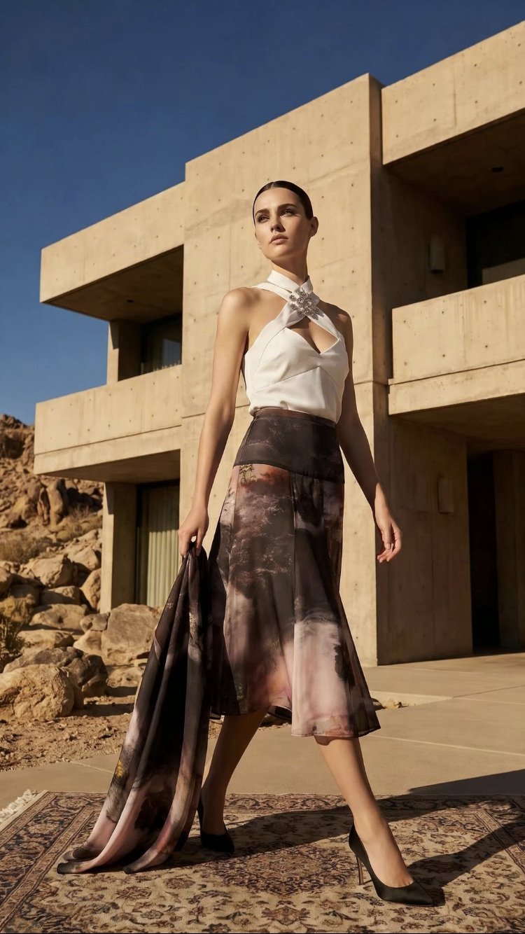 Chrystal Sloane Couture  Watercolour Print Chiffon skirt with flowing panels