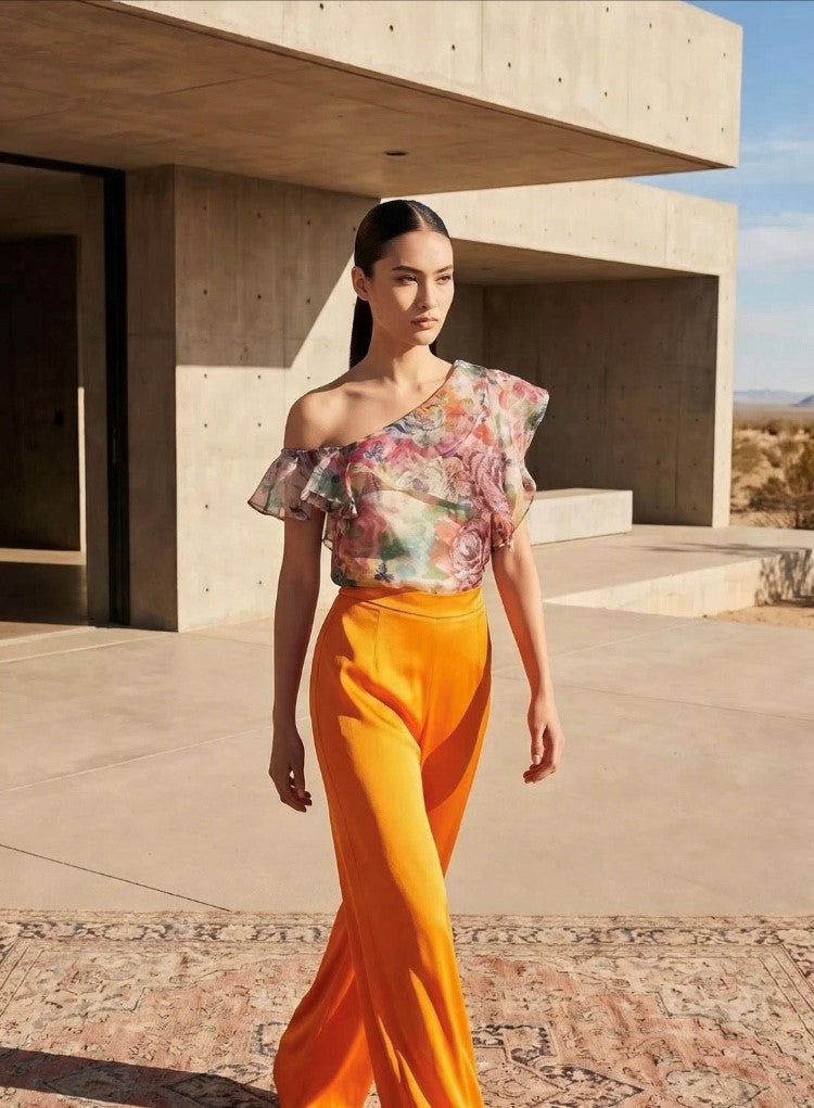 Chrystal Sloane Couture Embroidered Floral Organza Top with ruffled sleeves