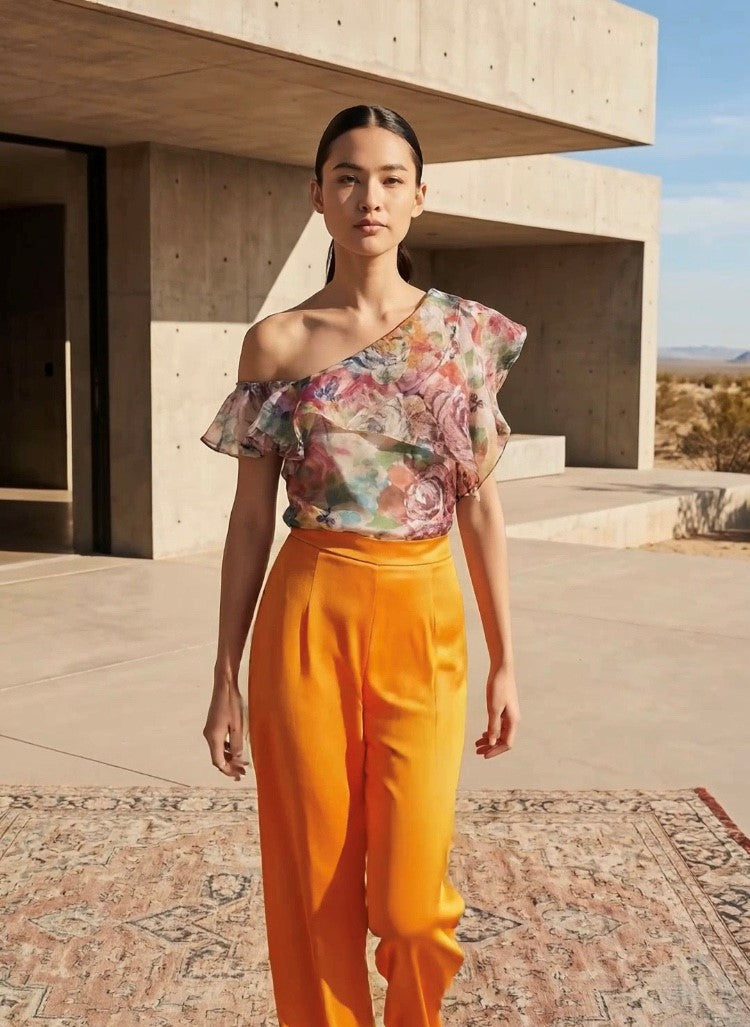 Chrystal Sloane Couture Embroidered Floral Organza Top with ruffled sleeves