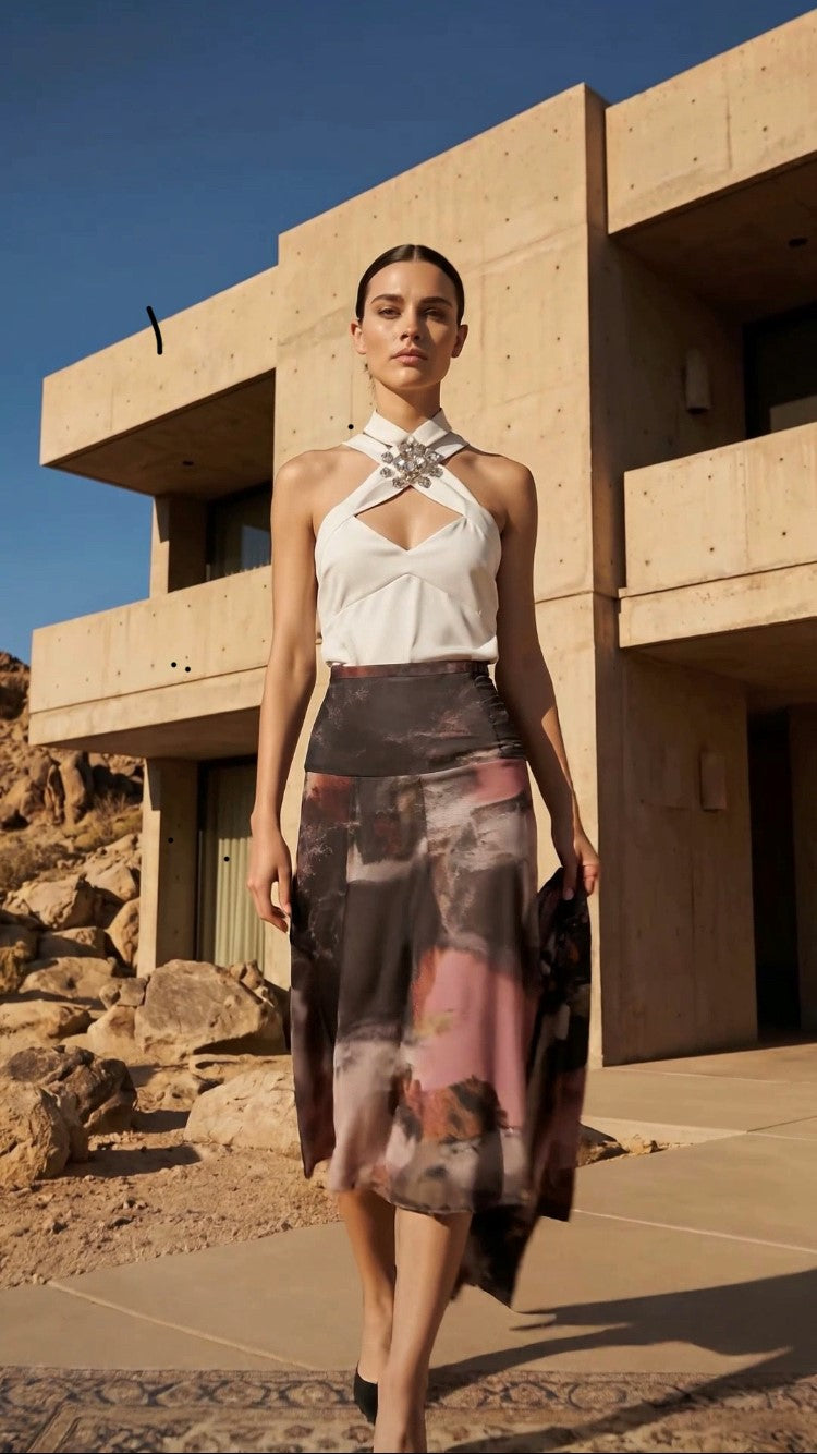 Chrystal Sloane Couture  Watercolour Print Chiffon skirt with flowing panels