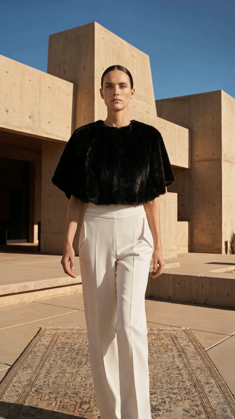 Chrystal Sloane Couture Sleek Black Faux Fur semi circle cascading cape