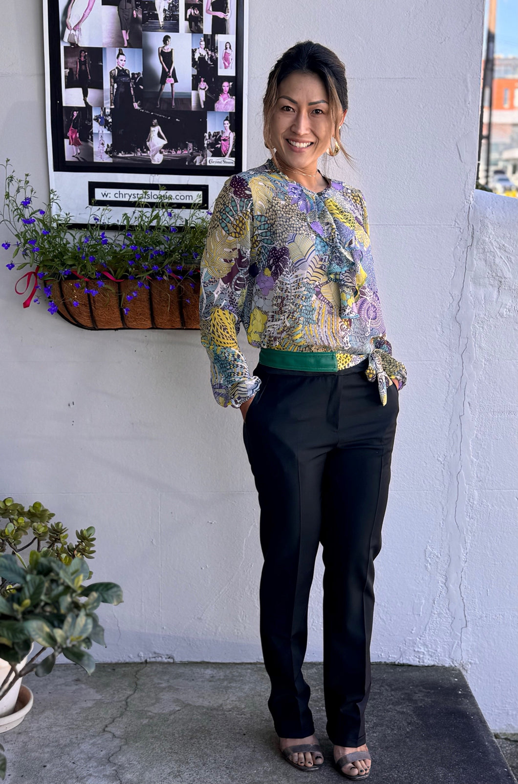 Chrystal Sloane Couture Liberty Print Silk Blouse with ruffle front.