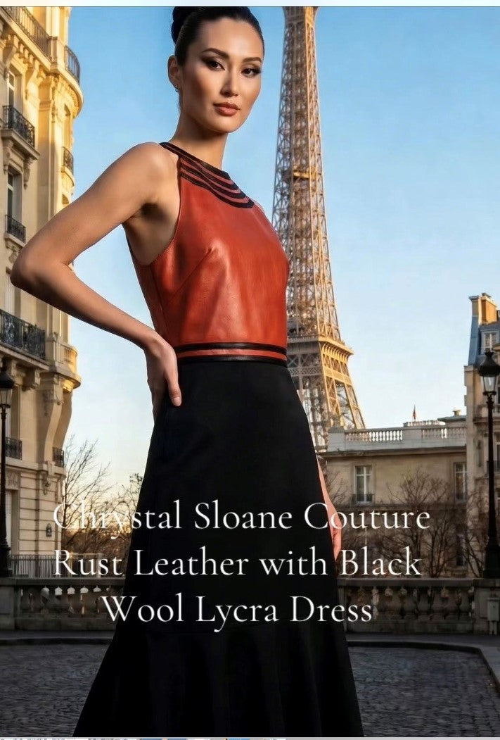 Chrystal Sloane Couture Rust Leather & Wool Lycra Blend Dress