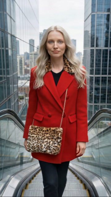 Chrystal Sloane Couture Winter Cardinal Red Wool Double Breasted Coat with Leopard Print Faux Fur Collar