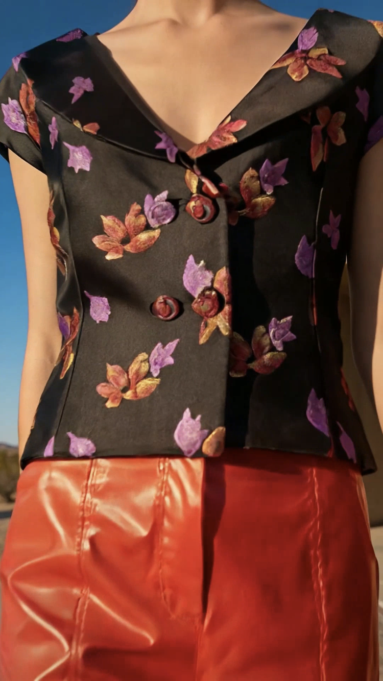 Chrystal Sloane Couture Brocade Waistcoat with Shawl Collar and cape sleeve