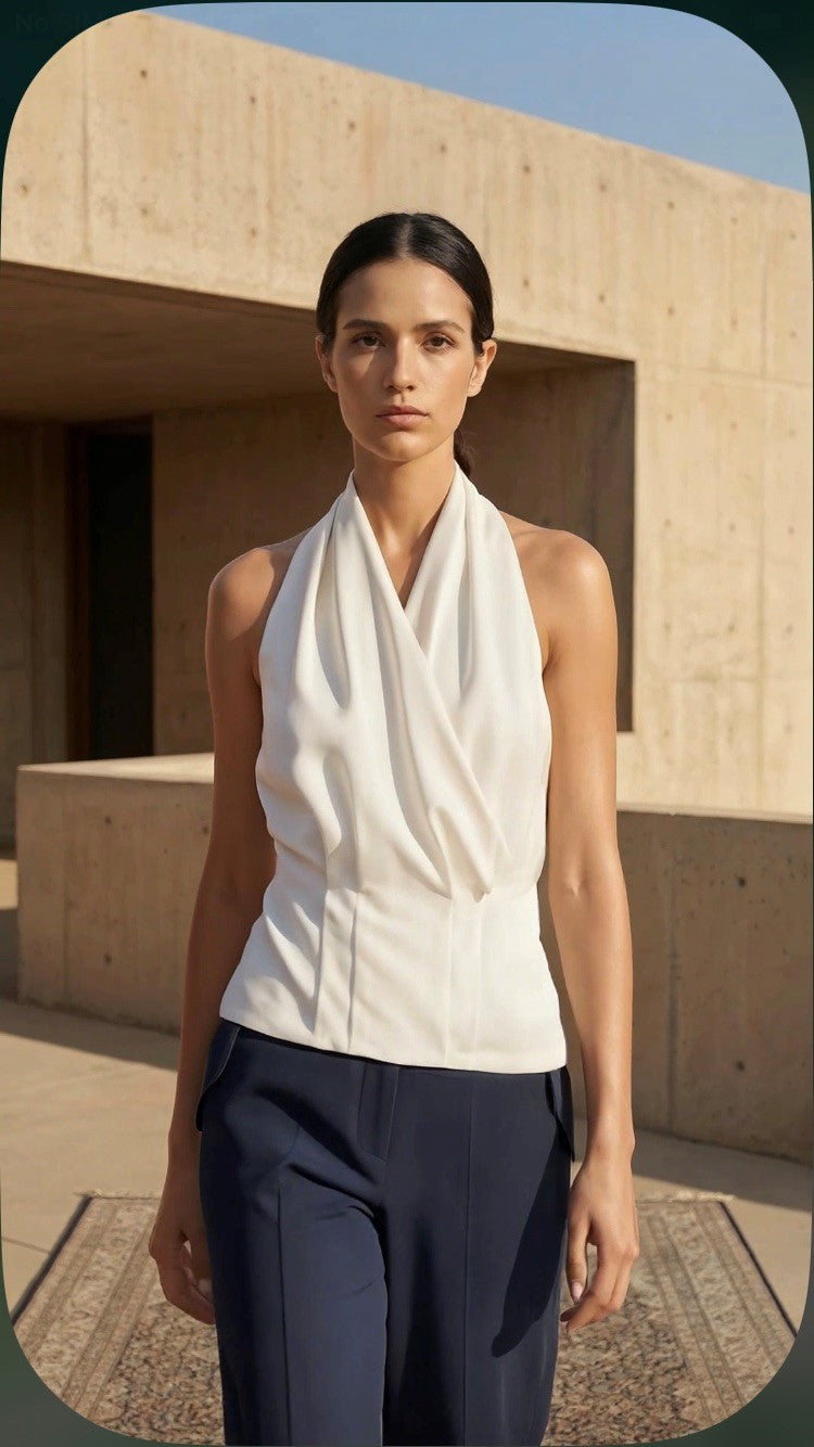 Chrystal Sloane Cream Drape Front Halter Neck Top.