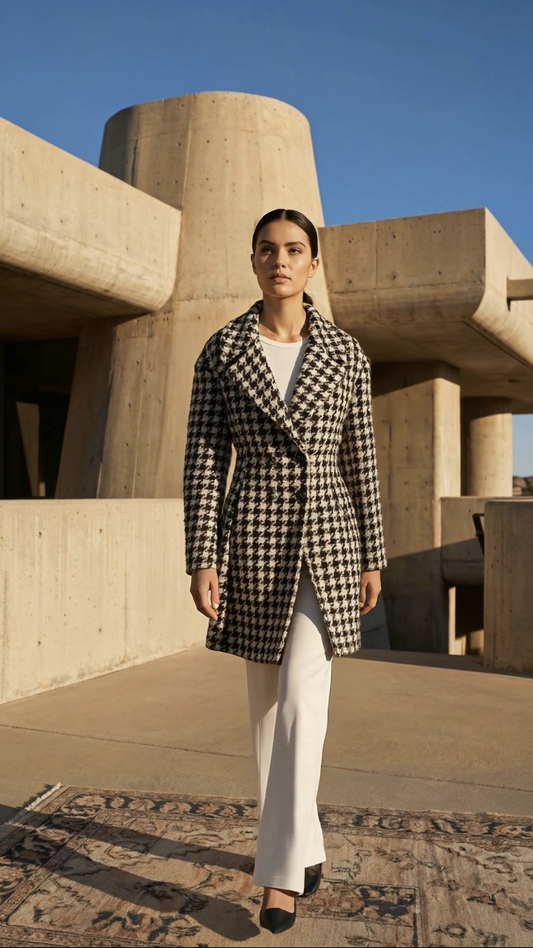 Chrystal Sloane Couture Black & Cream Herringbone Double Breasted Coat