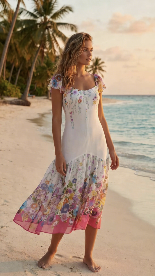 Chrystal Sloane Deep Fuchsia Pink Border Silk Dress with Butterfly Sleeves.